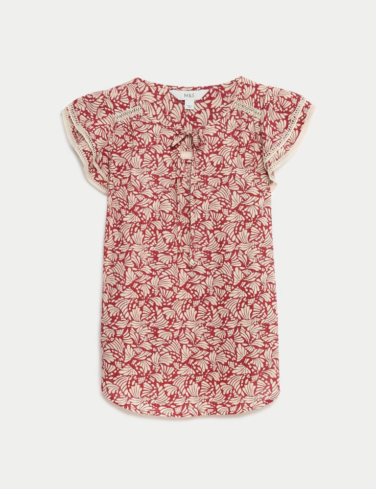 Cotton Blend Printed Tie Neck Blouse 2 of 5