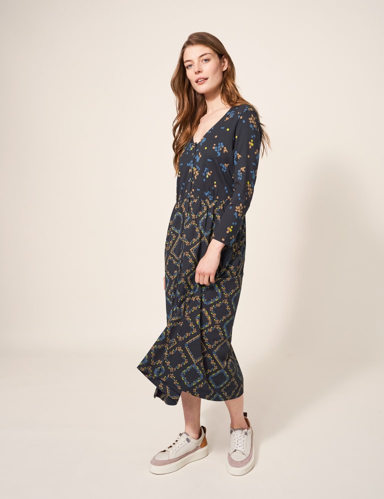 Cotton Blend Printed V Neck Midi Dress