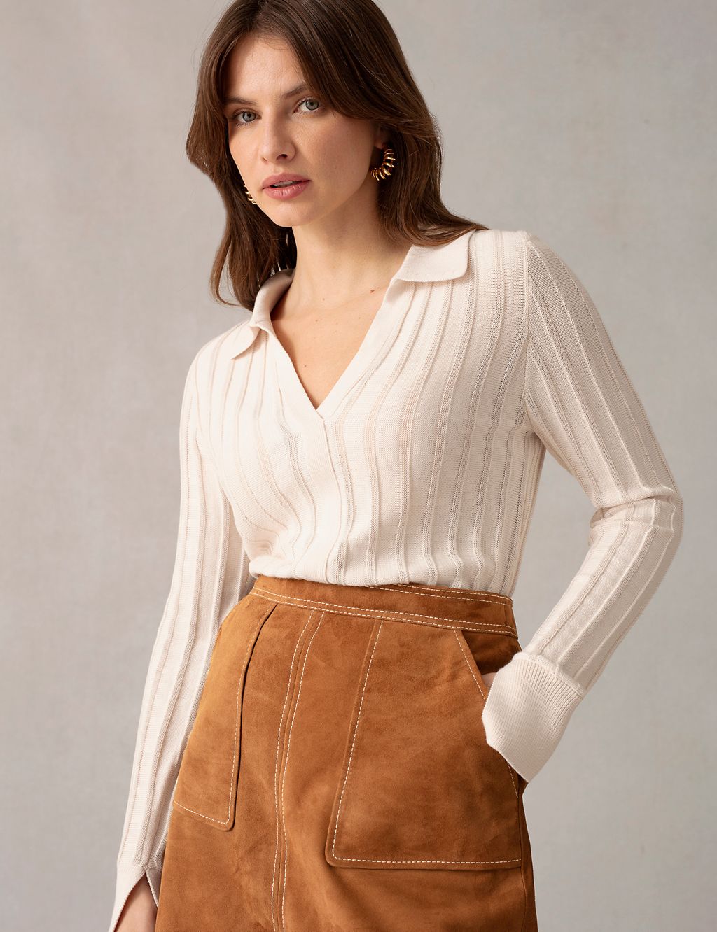 Cotton Blend Ribbed Collared Knitted Top 3 of 5