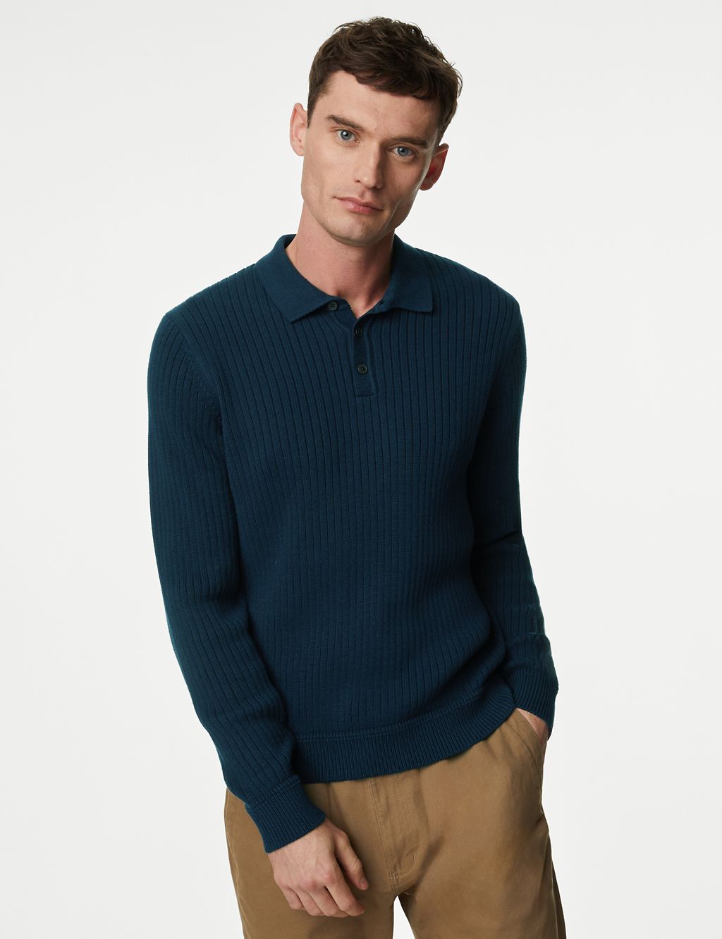 Cotton Blend Ribbed Knitted Polo Shirt 4 of 5