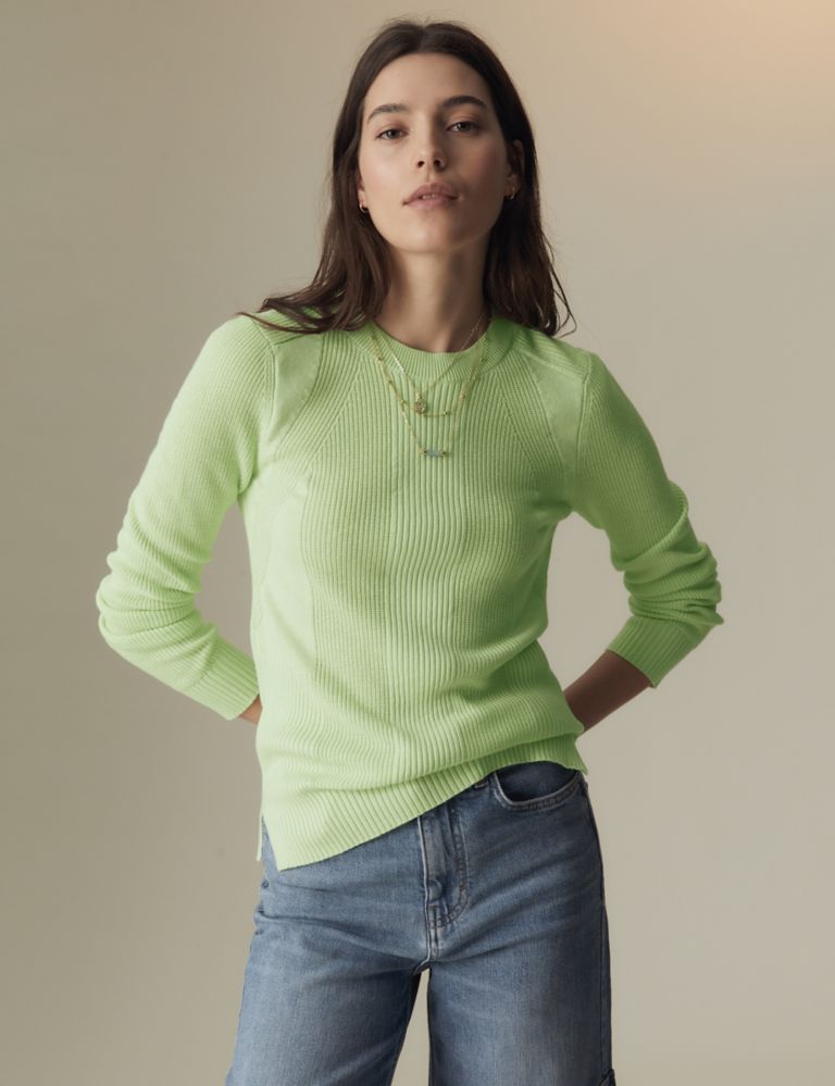 Cotton Blend Ribbed Round Neck Jumper 1 of 6