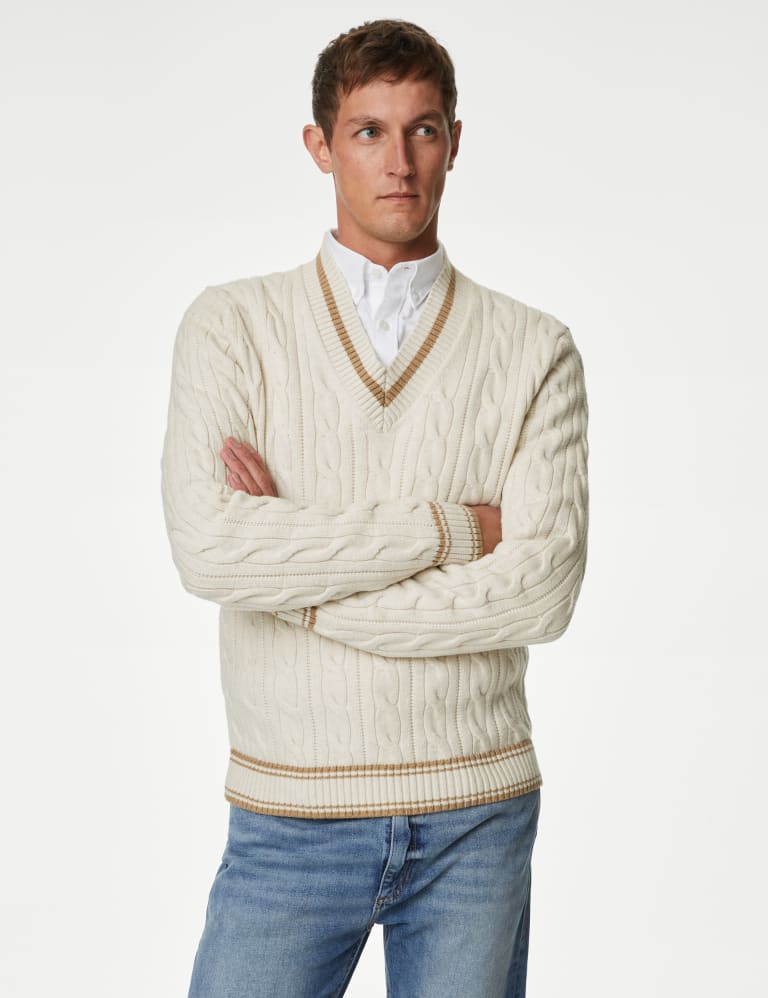 Cotton Blend Ribbed V-Neck Jumper 1 of 6