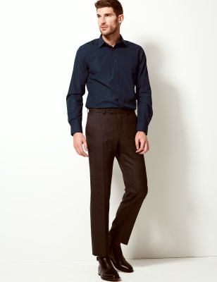 M/&S COLLECTION Navy Mix Cotton Blend Easy to Iron Slim Fit Shirt 15.5 or 16/'/'