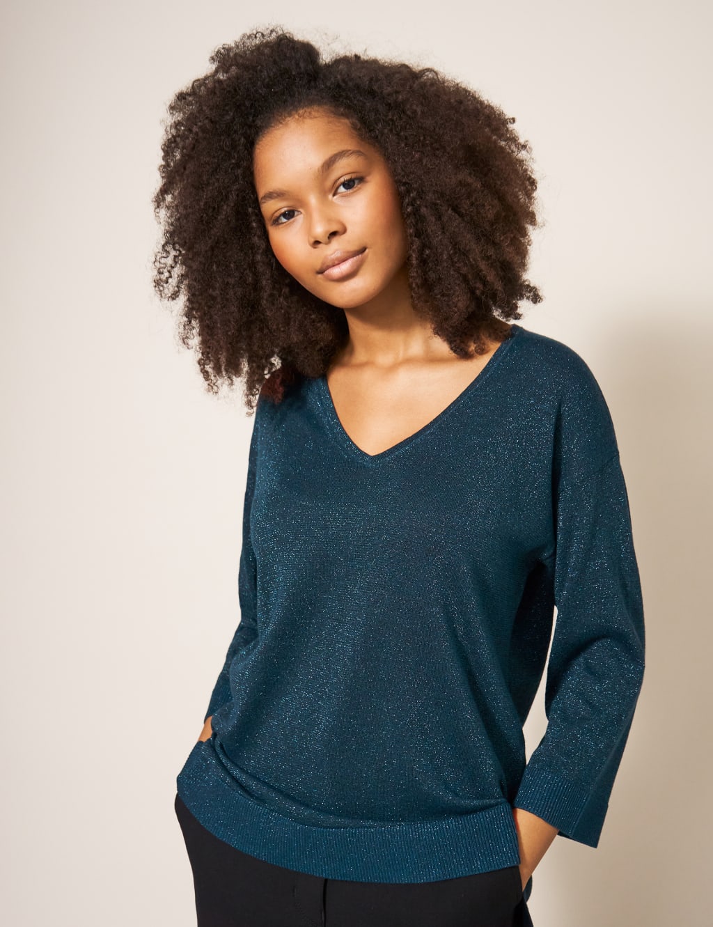 Cotton Blend Sparkly V-Neck Jumper