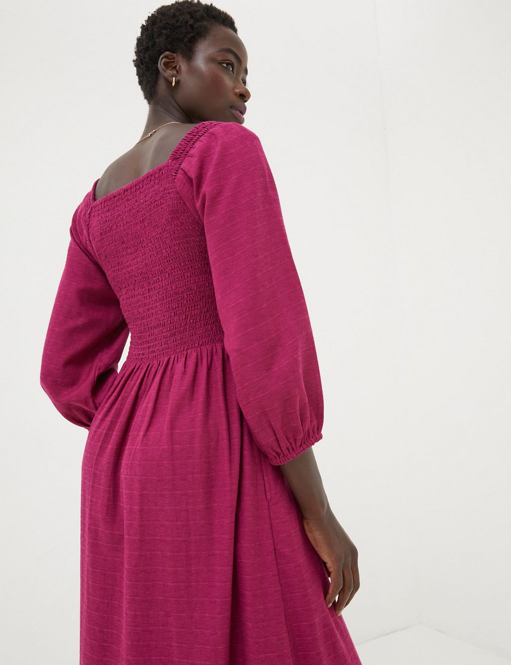 Cotton Blend Square Neck Midi Shirred Dress 4 of 7
