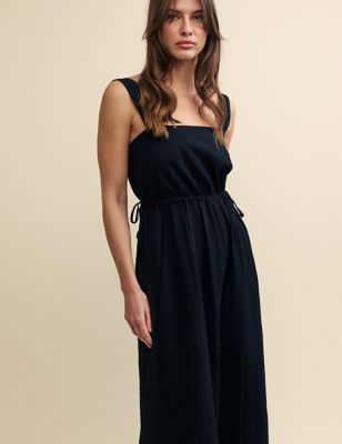 Cotton Blend Square Neck Midi Waisted Dress Image 2 of 5
