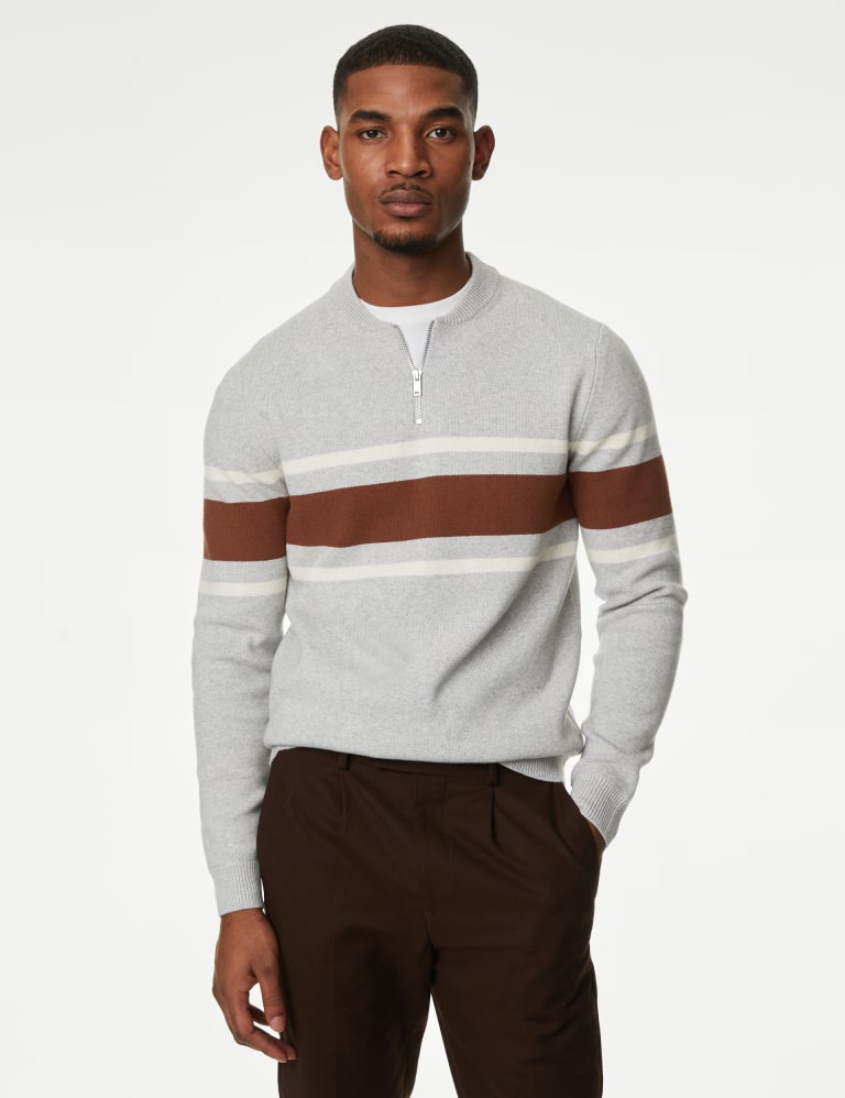 Cotton Blend Striped Half Zip Jumper 3 of 5