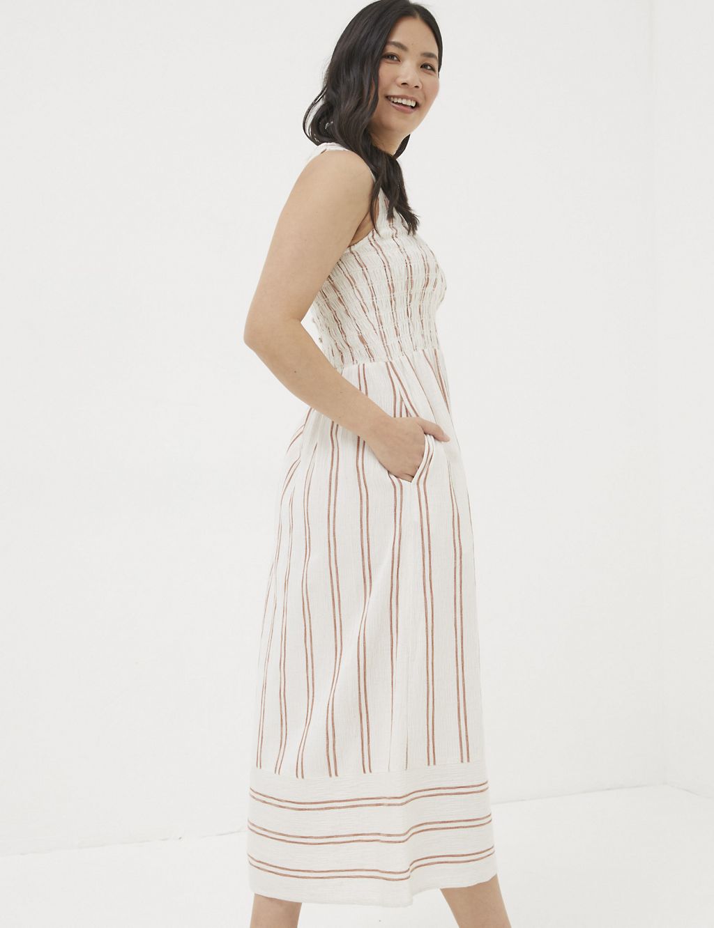 Cotton Blend Striped Midi Waisted Dress 2 of 6