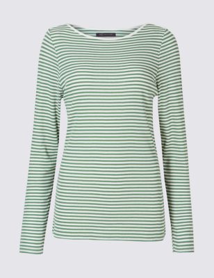 Cotton Blend Striped Slash Neck Rib T-Shirt Image 2 of 4