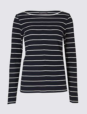 Cotton Blend Striped Slash Neck Rib T-Shirt Image 2 of 4