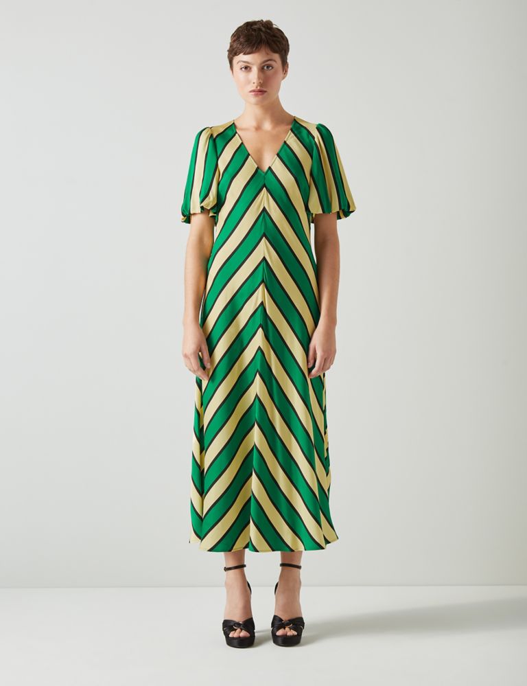 Cotton Blend Striped V-Neck Midi Column Dress 1 of 4