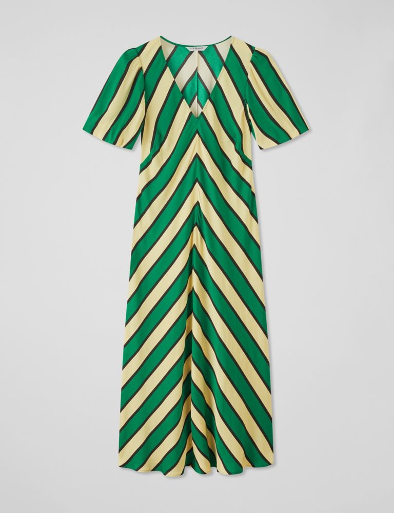 Cotton Blend Striped V-Neck Midi Column Dress 2 of 4