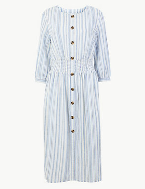 Cotton Blend Striped Waisted Midi Dress Image 2 of 4