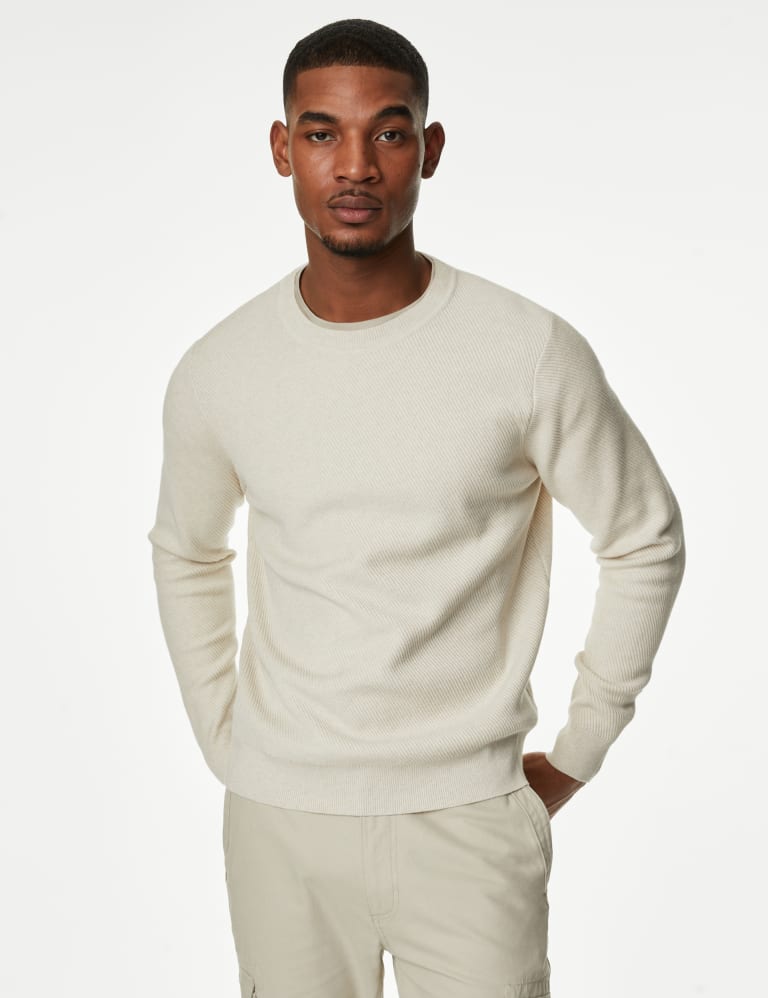 Cotton Blend Textured Crew Neck Jumper