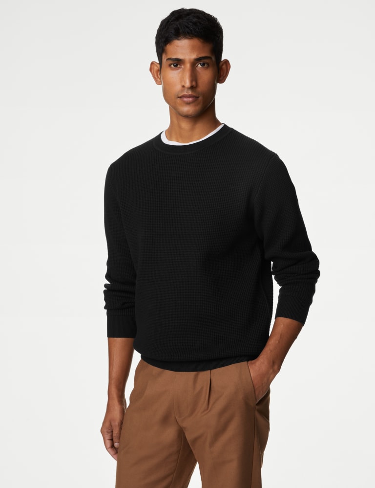 Cotton Blend Textured Crew Neck Jumper