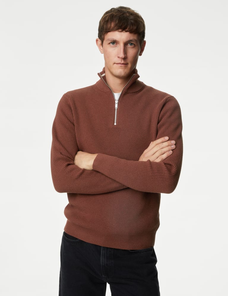 Cotton Blend Textured Half Zip Funnel Neck Jumper 4 of 5