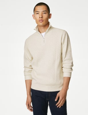 Cotton Texture Full-Zip Sweater