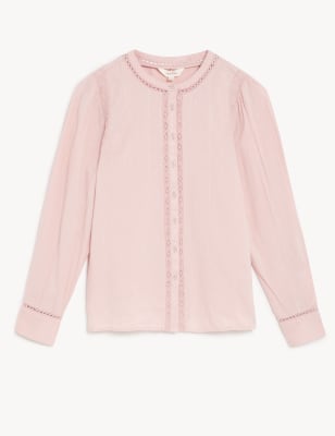 Cotton Blend Textured Lace Insert Blouse Image 2 of 6