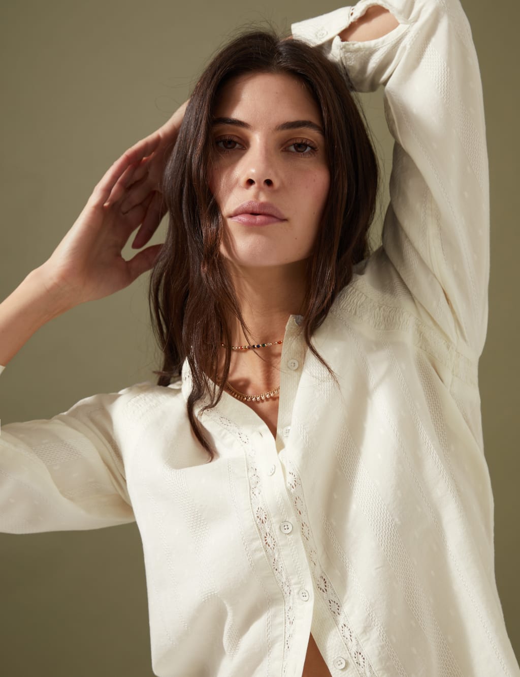 Cotton Blend Textured Lace Insert Blouse 3 of 5
