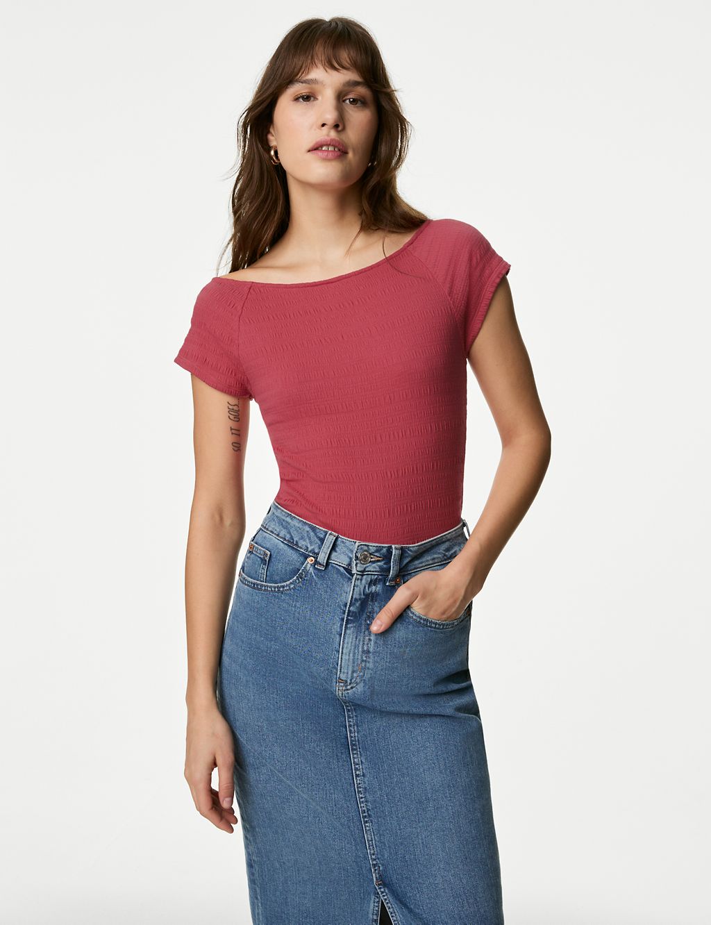Cotton Blend Textured Off The Shoulder Top 2 of 5