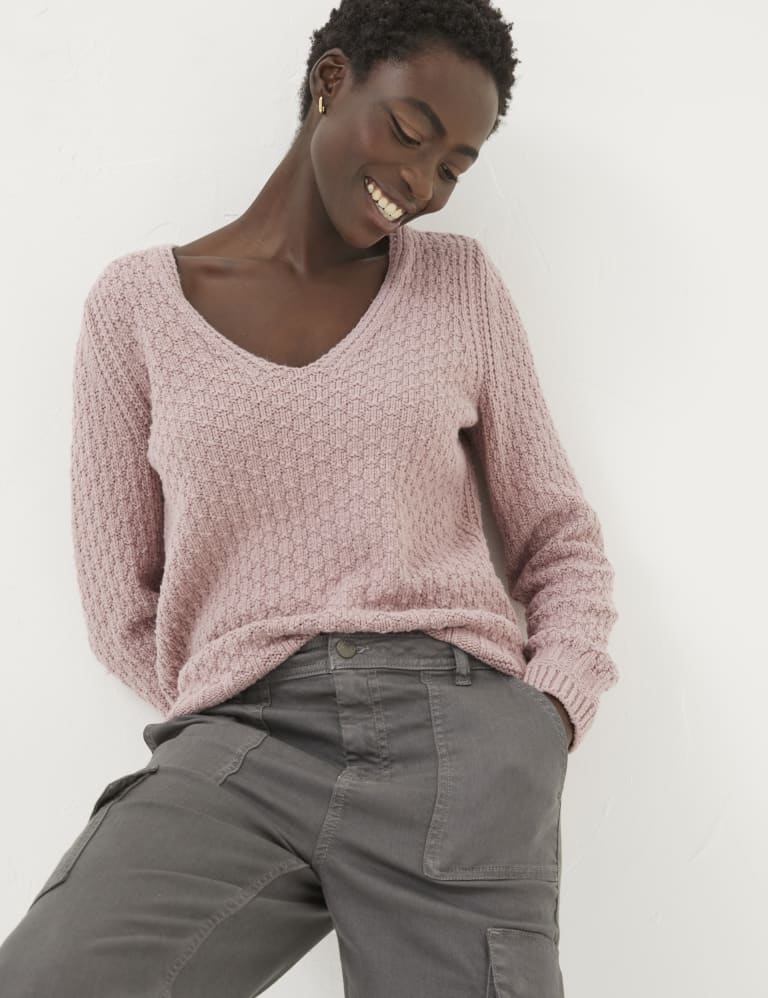 Cotton Blend Textured V-Neck Jumper 1 of 4