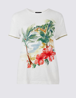 Cotton Blend Tropical Floral Print T-Shirt Image 2 of 4