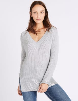 Cotton Blend V Neck Longline Jumper M S Collection M S