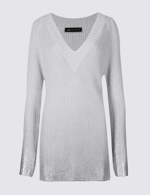 Asymmetrical Hem V-Neck Longline Jumper, M&S Collection