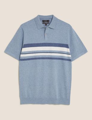 Cotton Chest Stripe Knitted Polo Shirt Image 2 of 4
