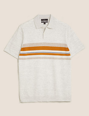 Cotton Chest Stripe Knitted Polo Shirt Image 2 of 4