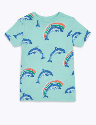 Babyhug 100% Cotton Woven Half Sleeves Dolphin print shirt & Denim Shorts With Stretch- Blue