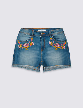 Cotton Embroidered Denim Shorts with Stretch (3-14 Years) Image 2 of 4
