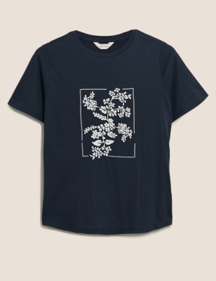 Cotton Floral Embroidered Crew Neck T 