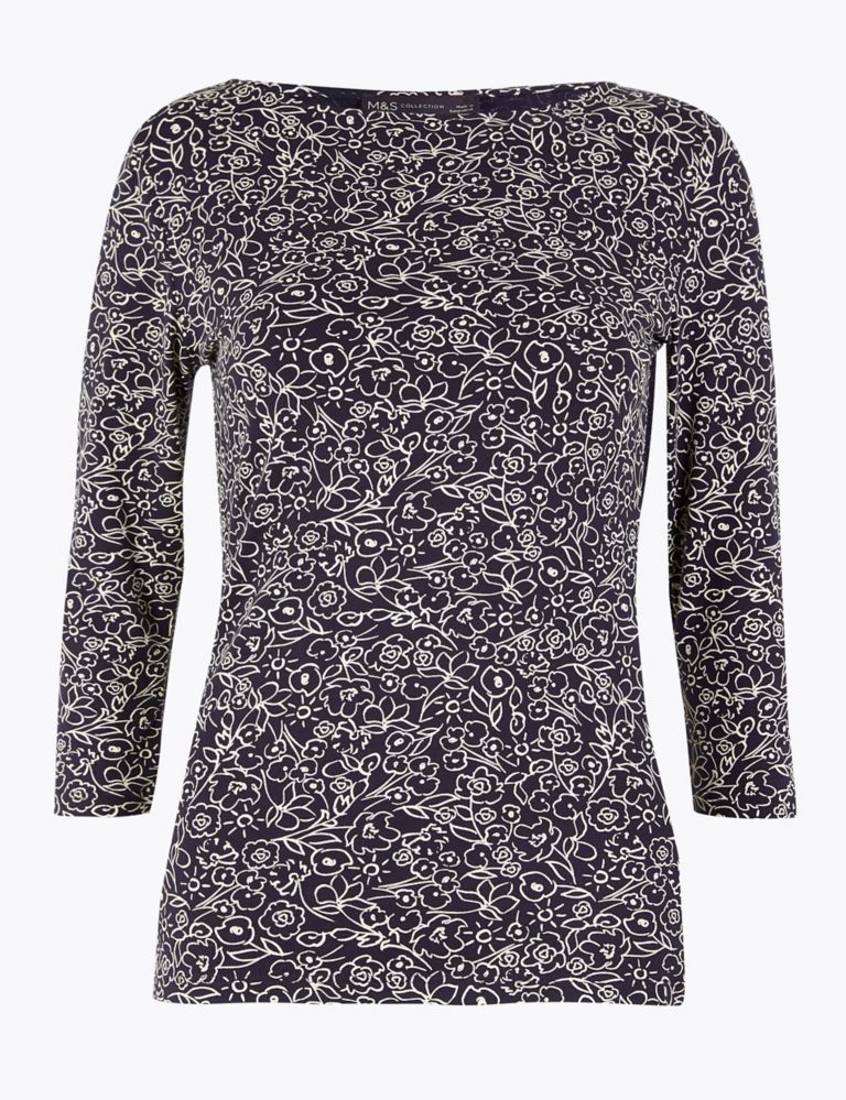 Cotton Floral Fitted 3/4 Sleeve Top | M&S Collection | M&S