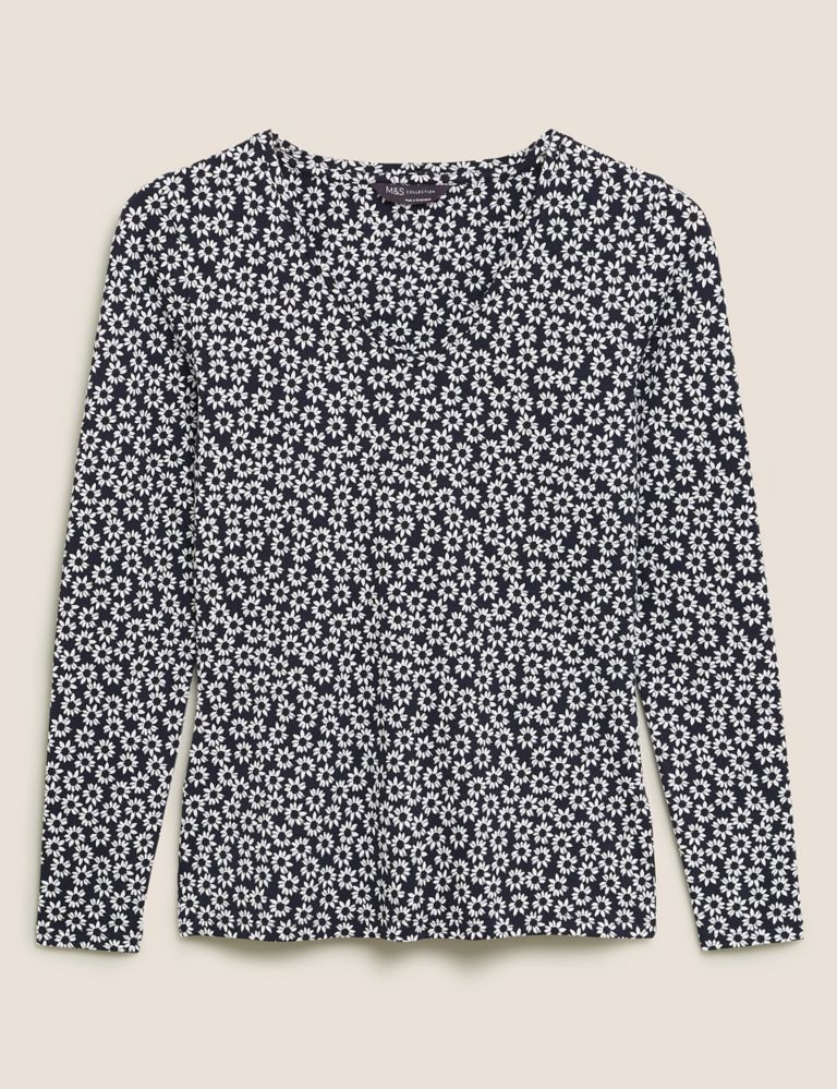 Cotton Floral V-Neck Fitted Long Sleeve Top 2 of 5