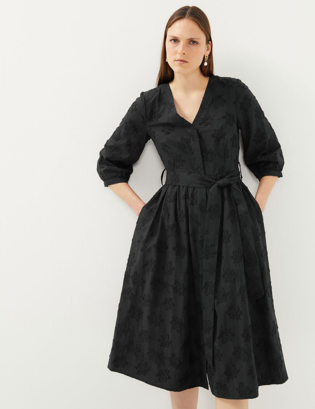 Cotton Jacquard V-Neck Midi Waisted Dress | JAEGER | M&S