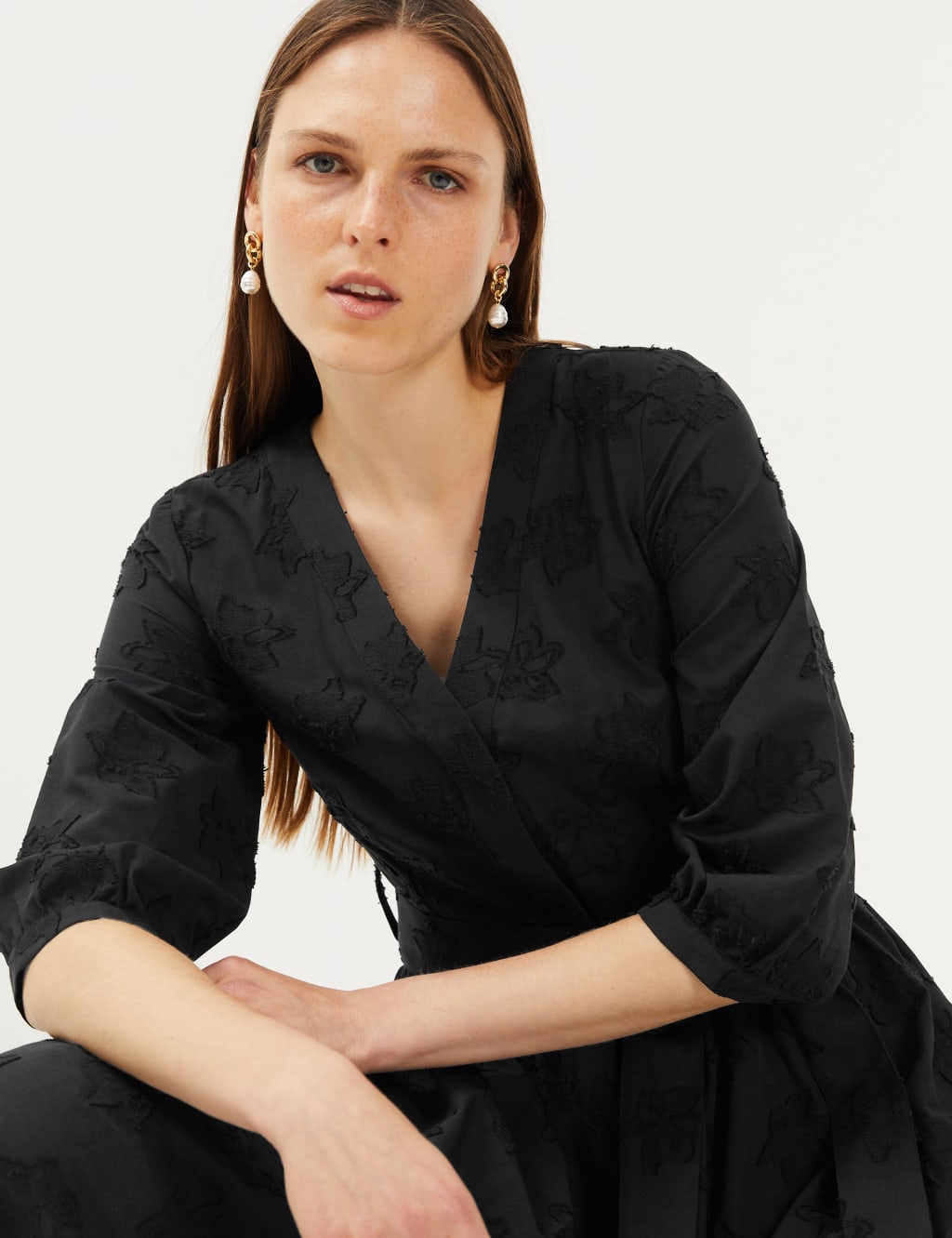 Cotton Jacquard VNeck Midi Waisted Dress JAEGER M&S