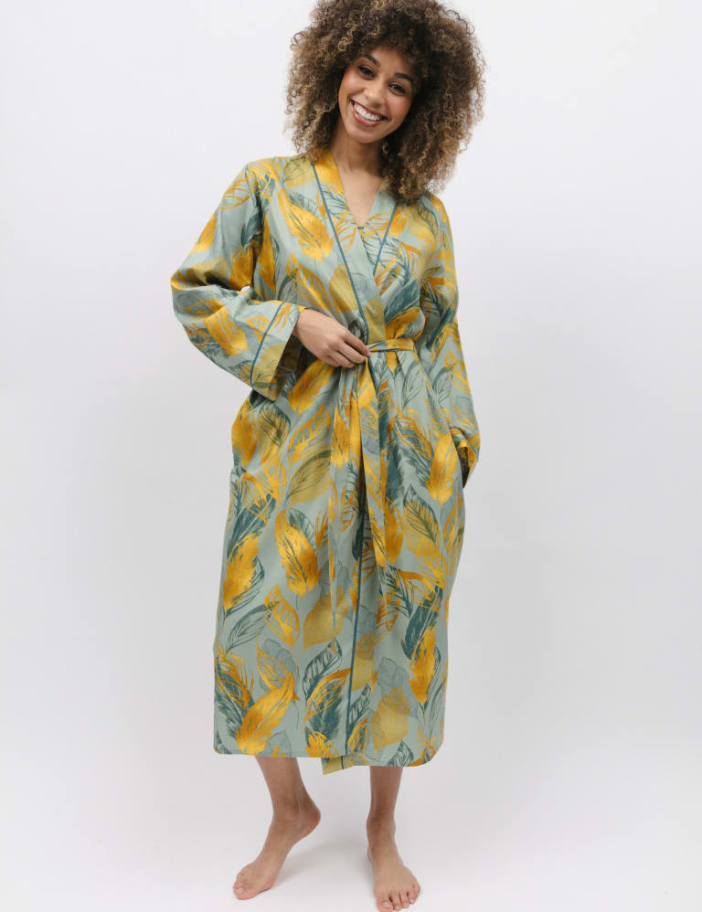 Cotton Modal Leaf Print Long Dressing Gown Cyberjammies M S