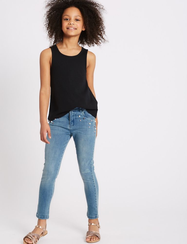 Cotton Pearl Embellished Jeans (3-16 Years) 1 of 4