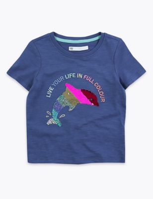 Cotton Reversible Sequin Dolphin T-Shirt (2-7 Yrs) Image 2 of 5