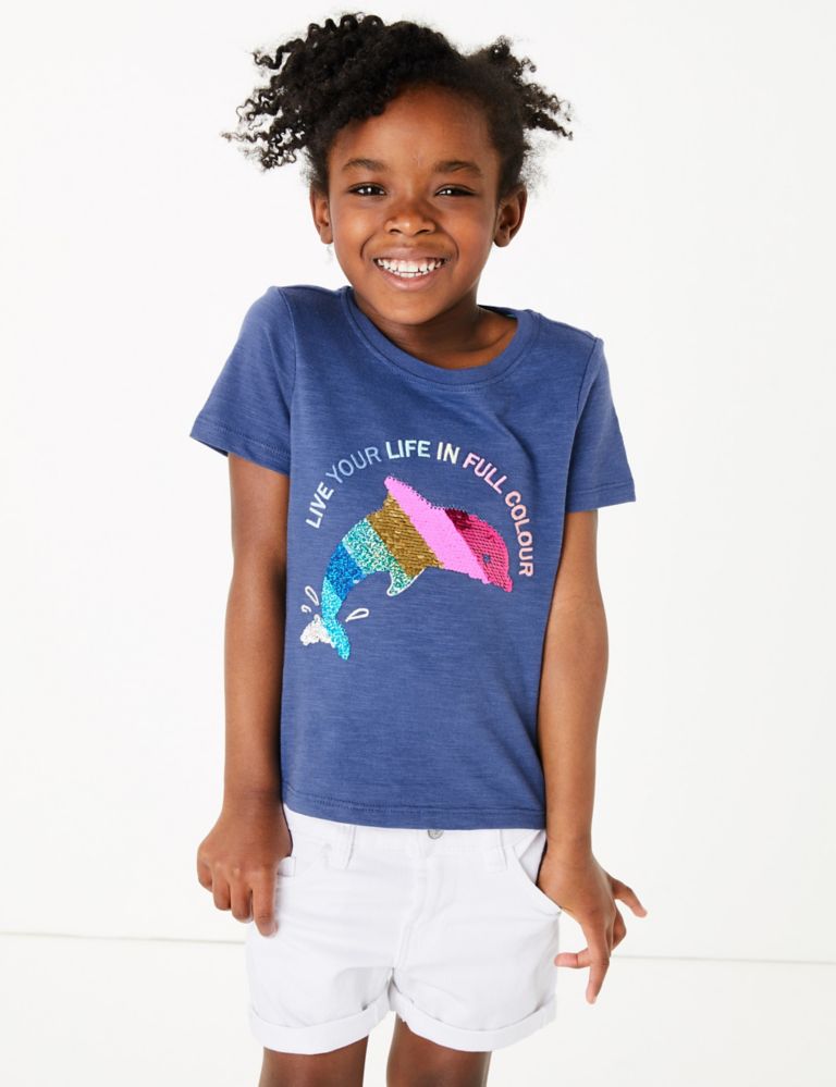Cotton Reversible Sequin Dolphin T-Shirt (2-7 Yrs) | M&S