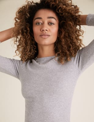 Cotton Ribbed Fitted Long Sleeve Top, M&S Collection