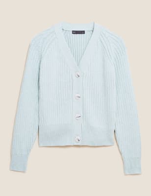 Cotton Ribbed V-Neck Cardigan, M&S Collection