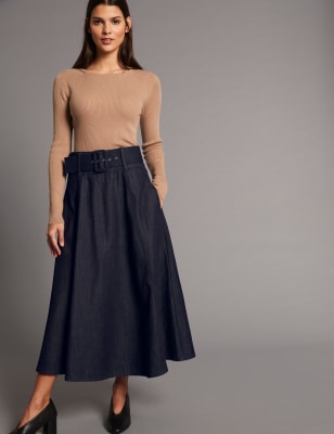 Cotton Rich A-Line Midi Skirt with Belt, Autograph