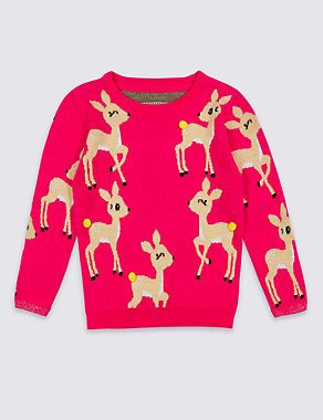Cotton Rich All Over Deer Print Christmas Jumper (3 Months - 6 Years) Image 2 of 4
