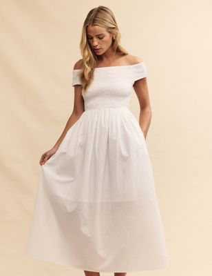Cotton Rich Bardot Shirred Midaxi Dress Image 2 of 5