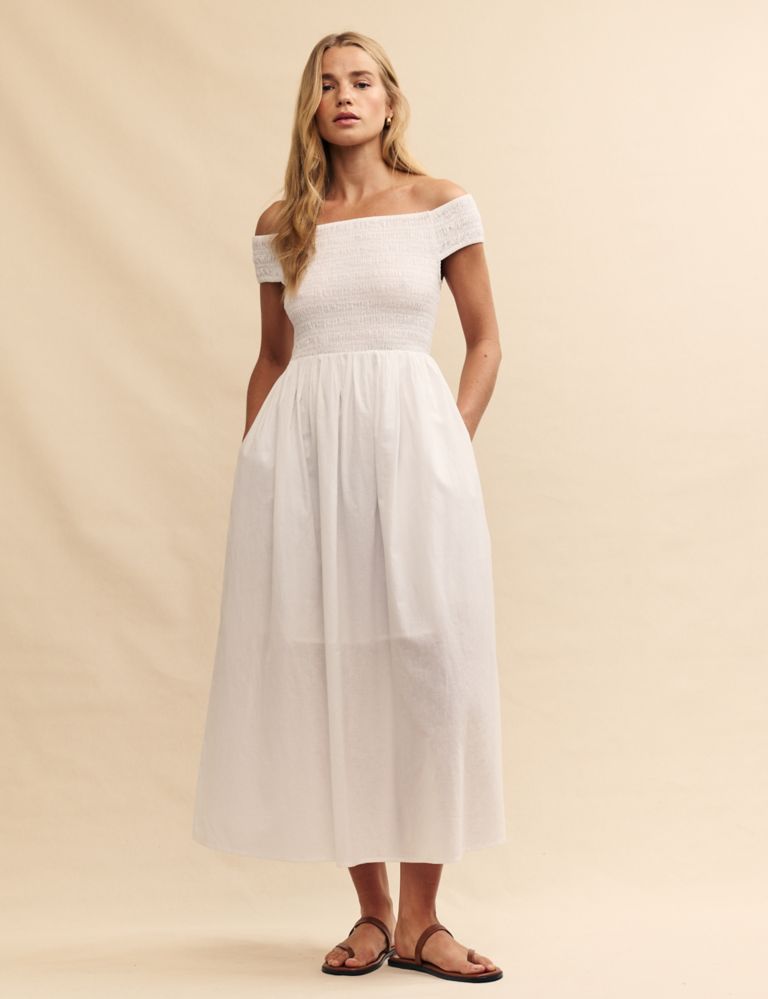 Cotton Rich Bardot Shirred Midaxi Dress 1 of 5
