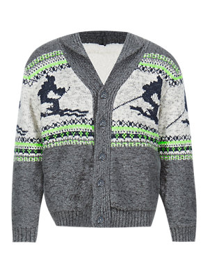 Cotton Rich Borg Lined Skiing Scene Cardigan (1-7 Years) Image 2 of 4