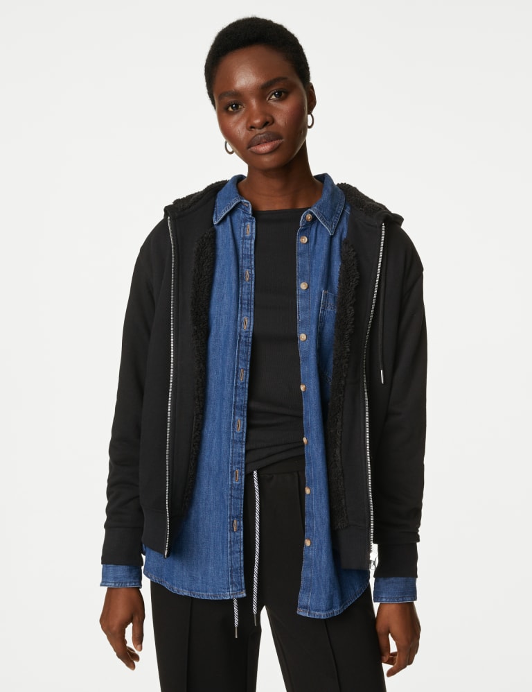 Cotton Rich Borg Lined Zip Up Hoodie | M&S Collection | M&S