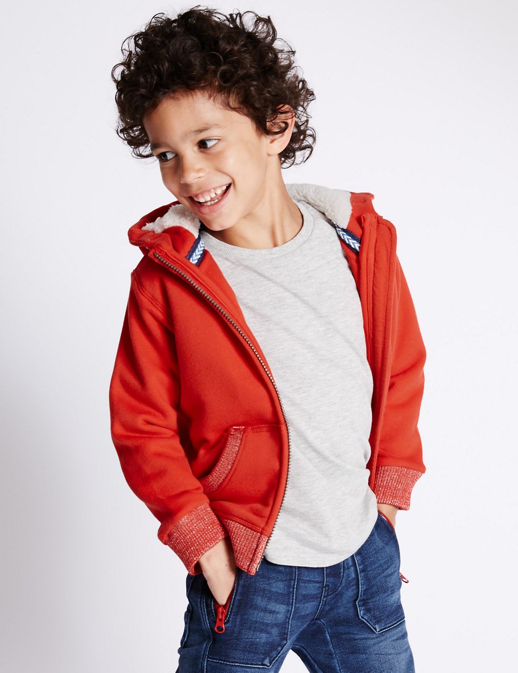 Cotton Rich Borg Lined Zipped Through Hooded Sweat Top (1-7 Years) 3 of 6